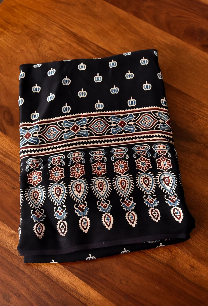Black Semi Gajji Silk Ajrakh Rich Pallu With Contrast Blouse Saree