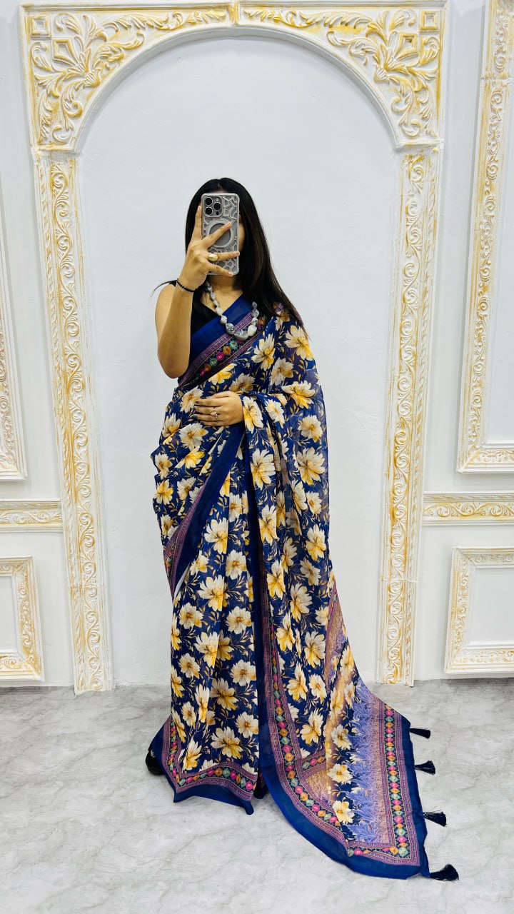 Navy Blue Premium Lilan Cotton Elegant Tassels On Pallu Saree