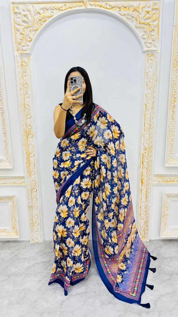 Navy Blue Premium Lilan Cotton Elegant Tassels On Pallu Saree