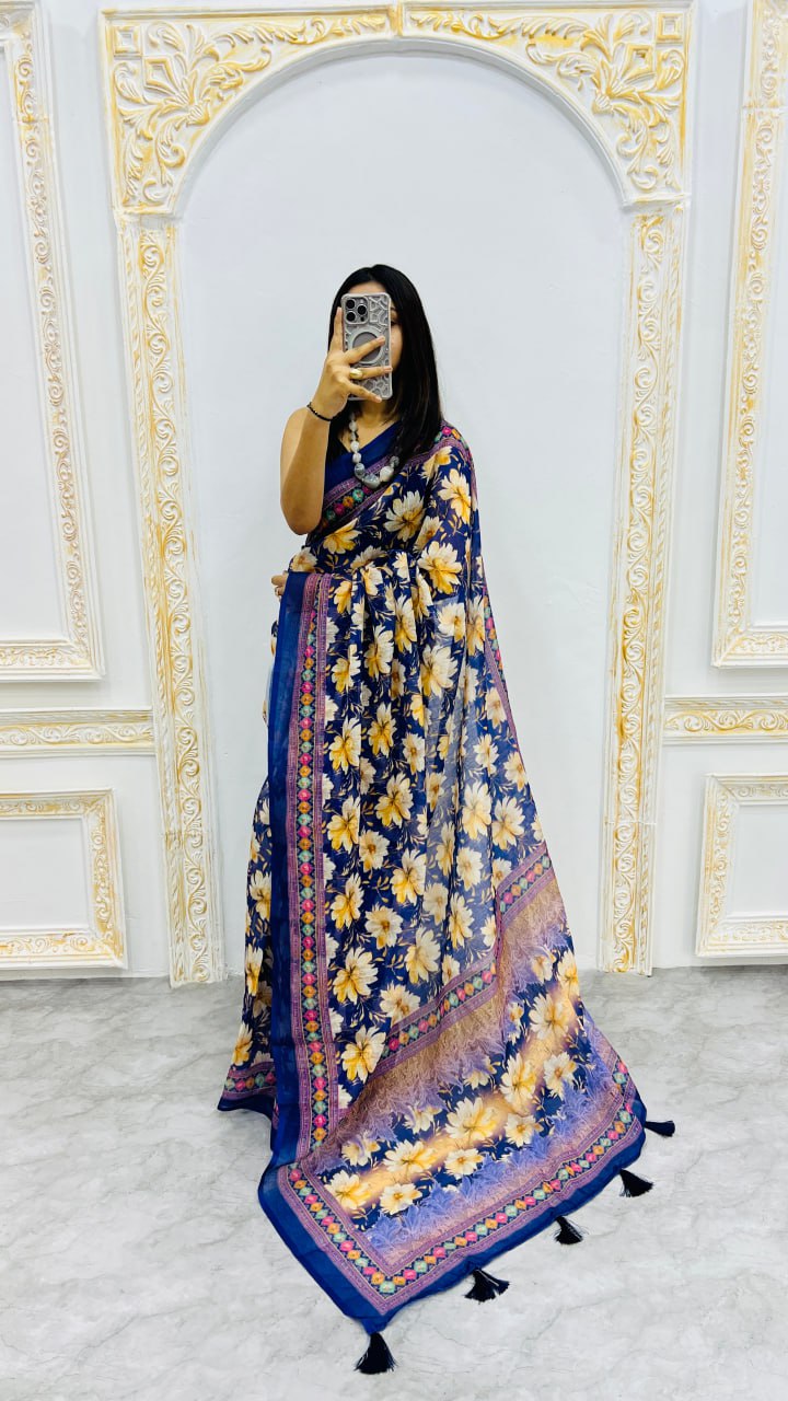 Navy Blue Premium Lilan Cotton Elegant Tassels On Pallu Saree