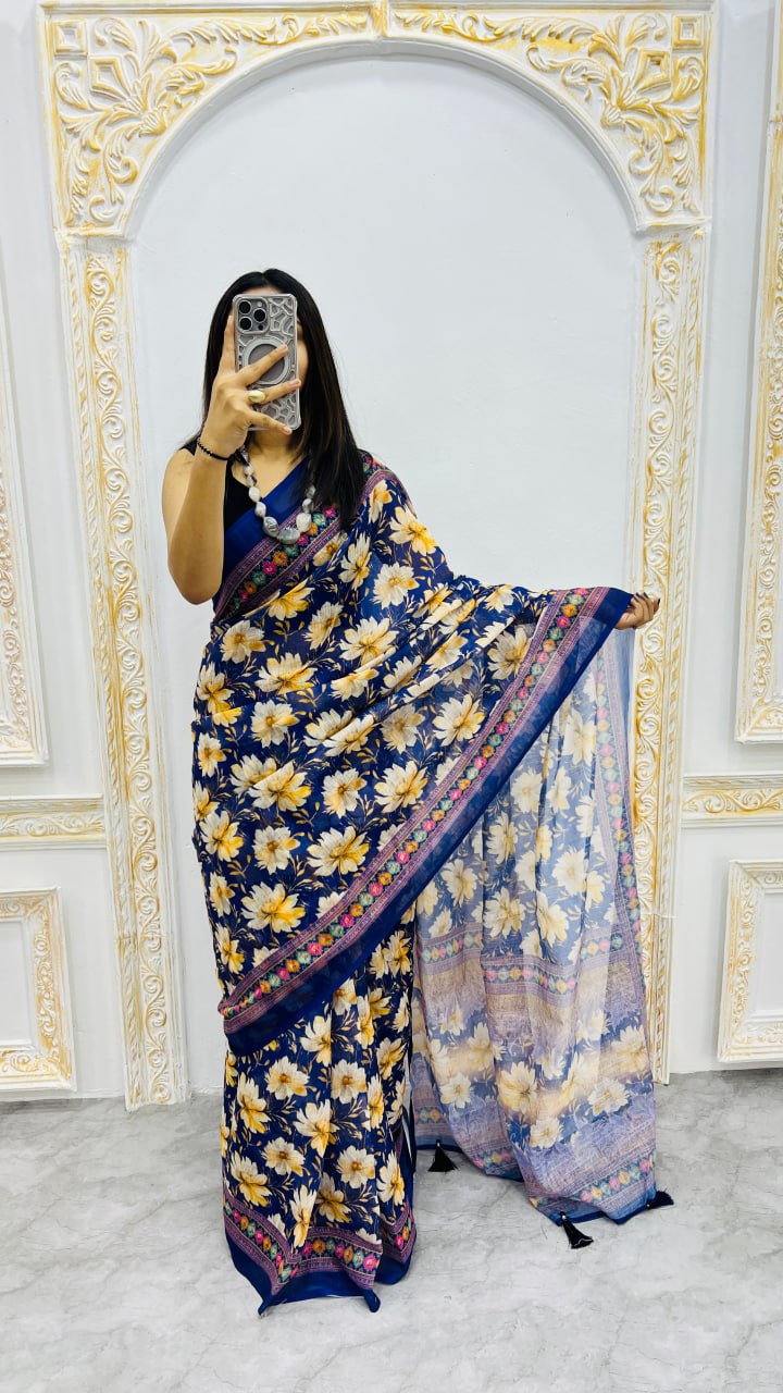 Navy Blue Premium Lilan Cotton Elegant Tassels On Pallu Saree