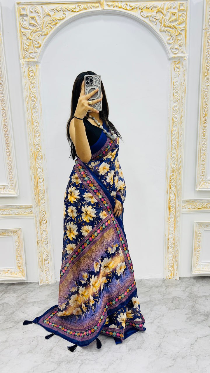 Navy Blue Premium Lilan Cotton Elegant Tassels On Pallu Saree