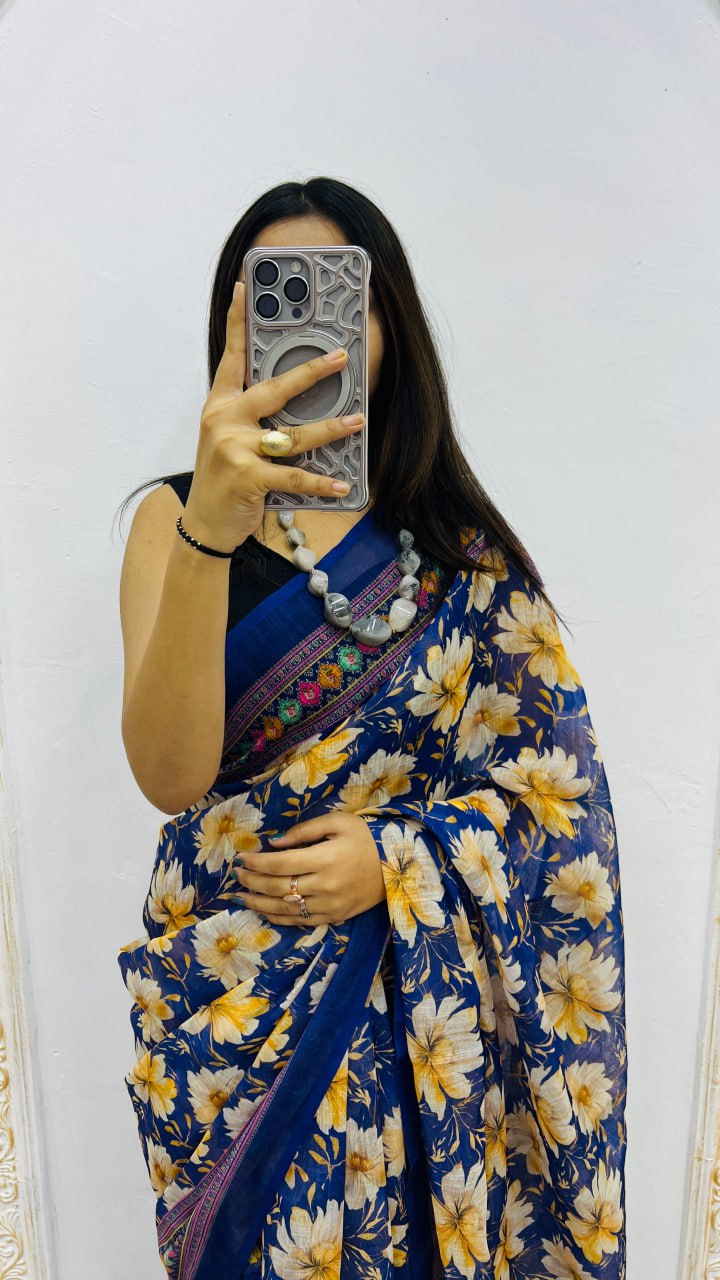 Navy Blue Premium Lilan Cotton Elegant Tassels On Pallu Saree