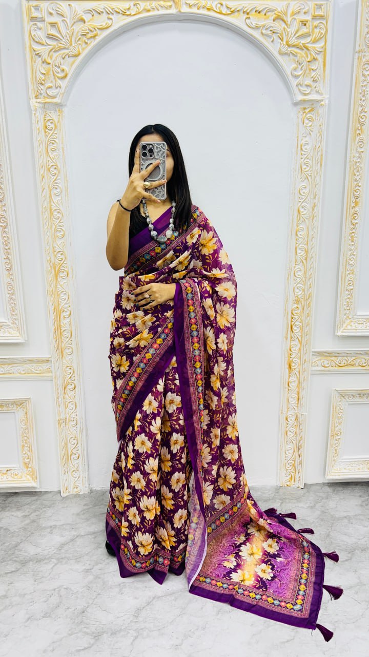 Purple Premium Lilan Cotton Elegant Tassels On Pallu Saree