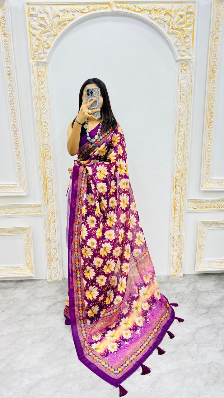 Purple Premium Lilan Cotton Elegant Tassels On Pallu Saree