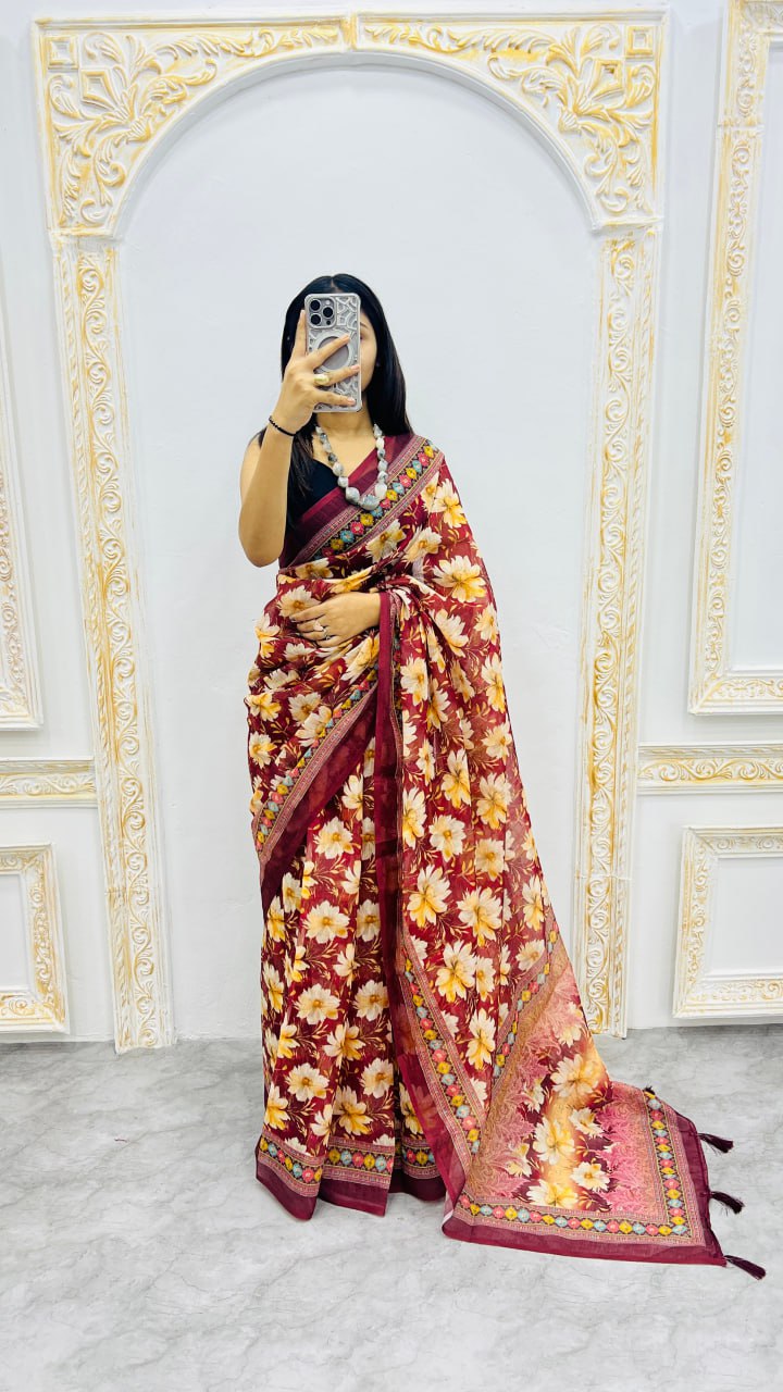 Maroon Premium Lilan Cotton Elegant Tassels On Pallu Saree