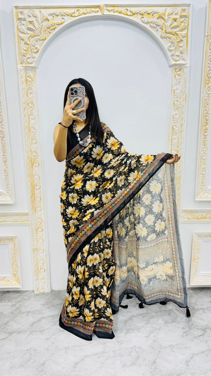 Black Premium Lilan Cotton Elegant Tassels On Pallu Saree