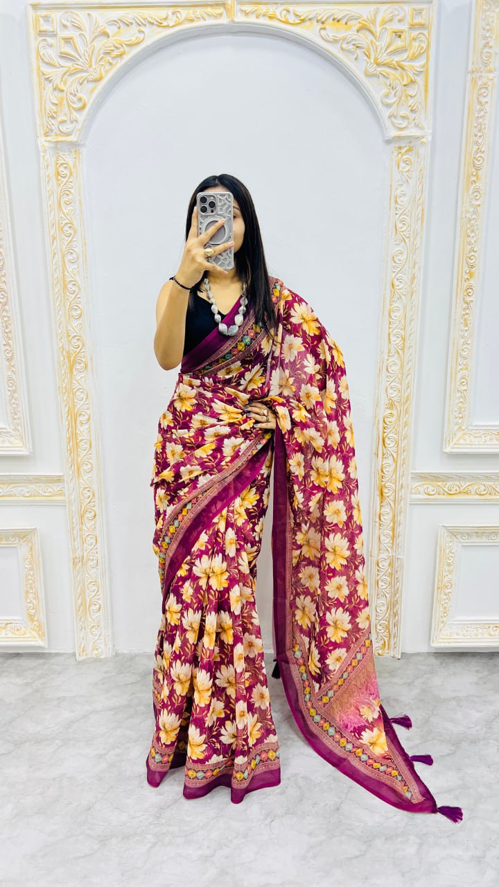 Wine Premium Lilan Cotton Elegant Tassels On Pallu Saree