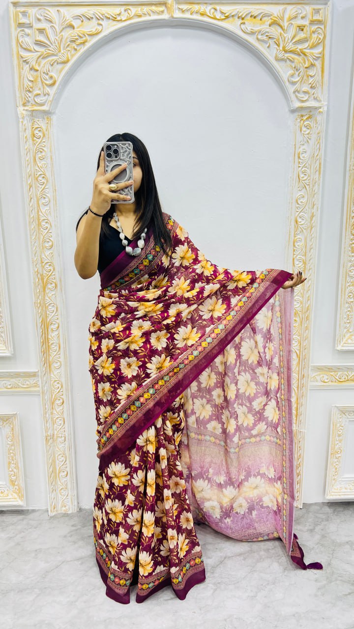 Wine Premium Lilan Cotton Elegant Tassels On Pallu Saree