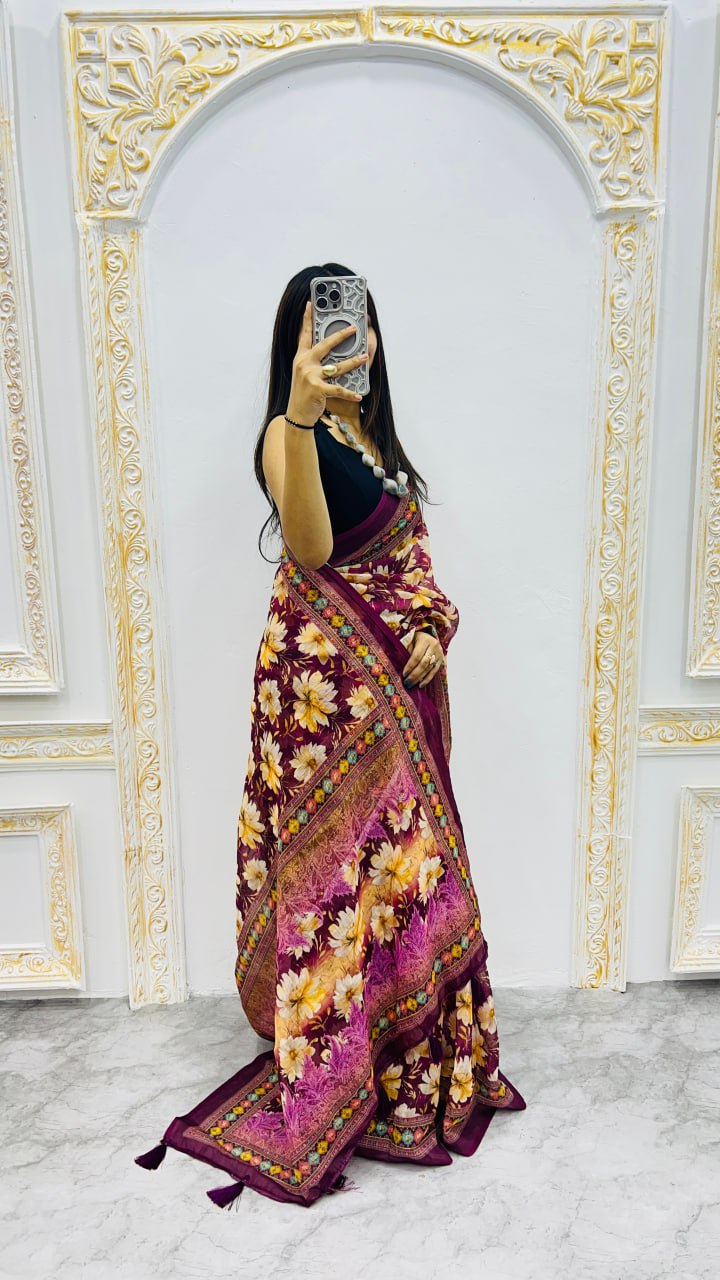 Wine Premium Lilan Cotton Elegant Tassels On Pallu Saree