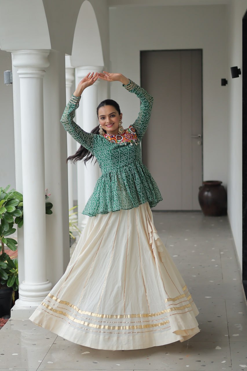 Green Attractive Gota Patti Lace Navratri Special Lehenga