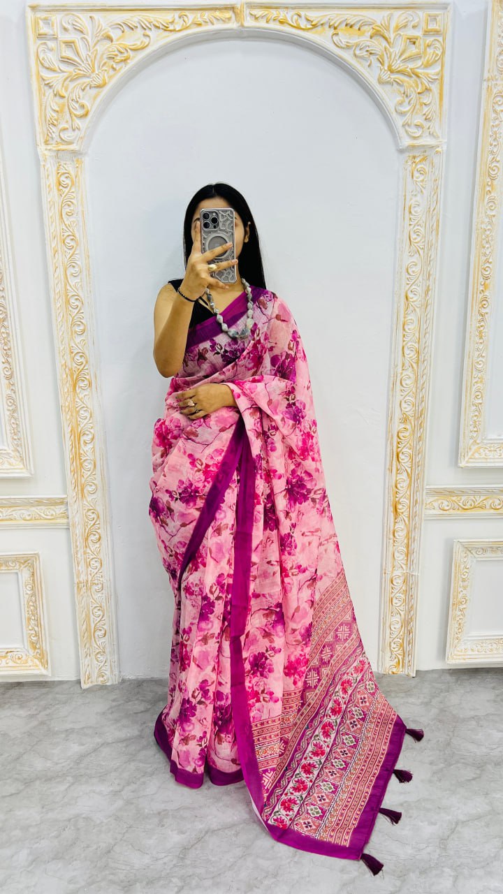 Purple Premium Lilan Cotton Beautiful Floral Lotus Print Saree