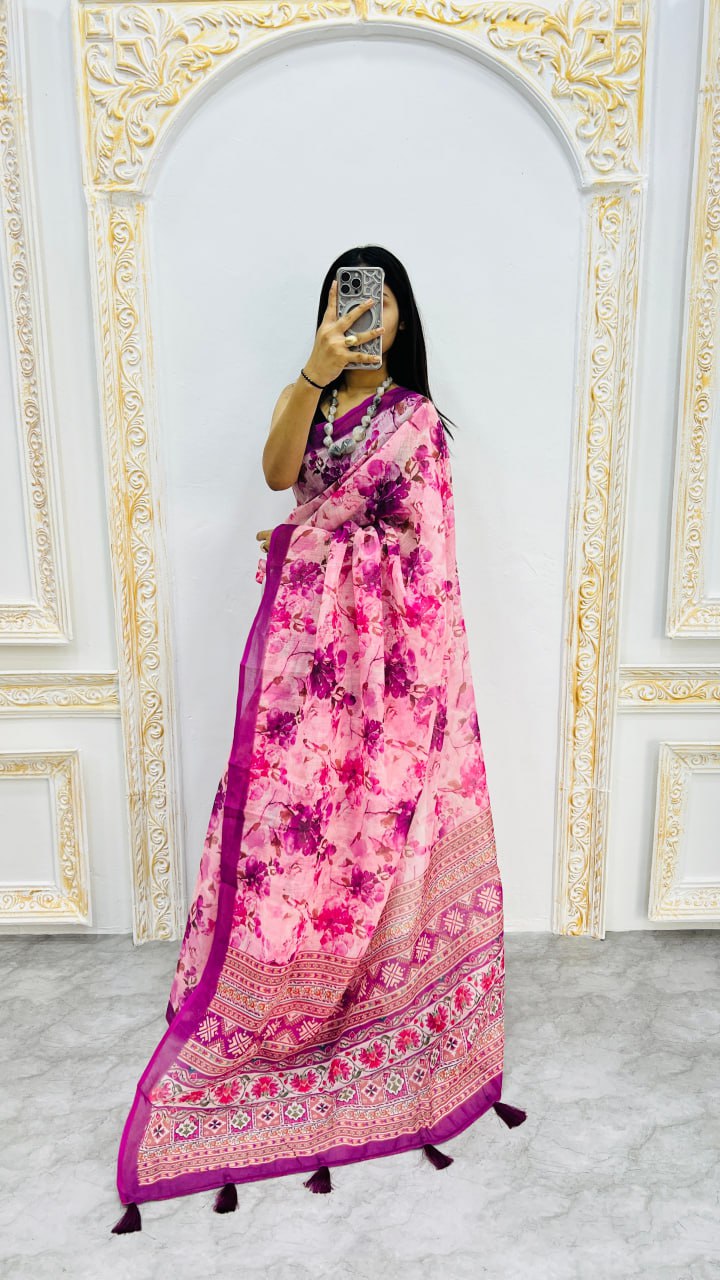 Purple Premium Lilan Cotton Beautiful Floral Lotus Print Saree