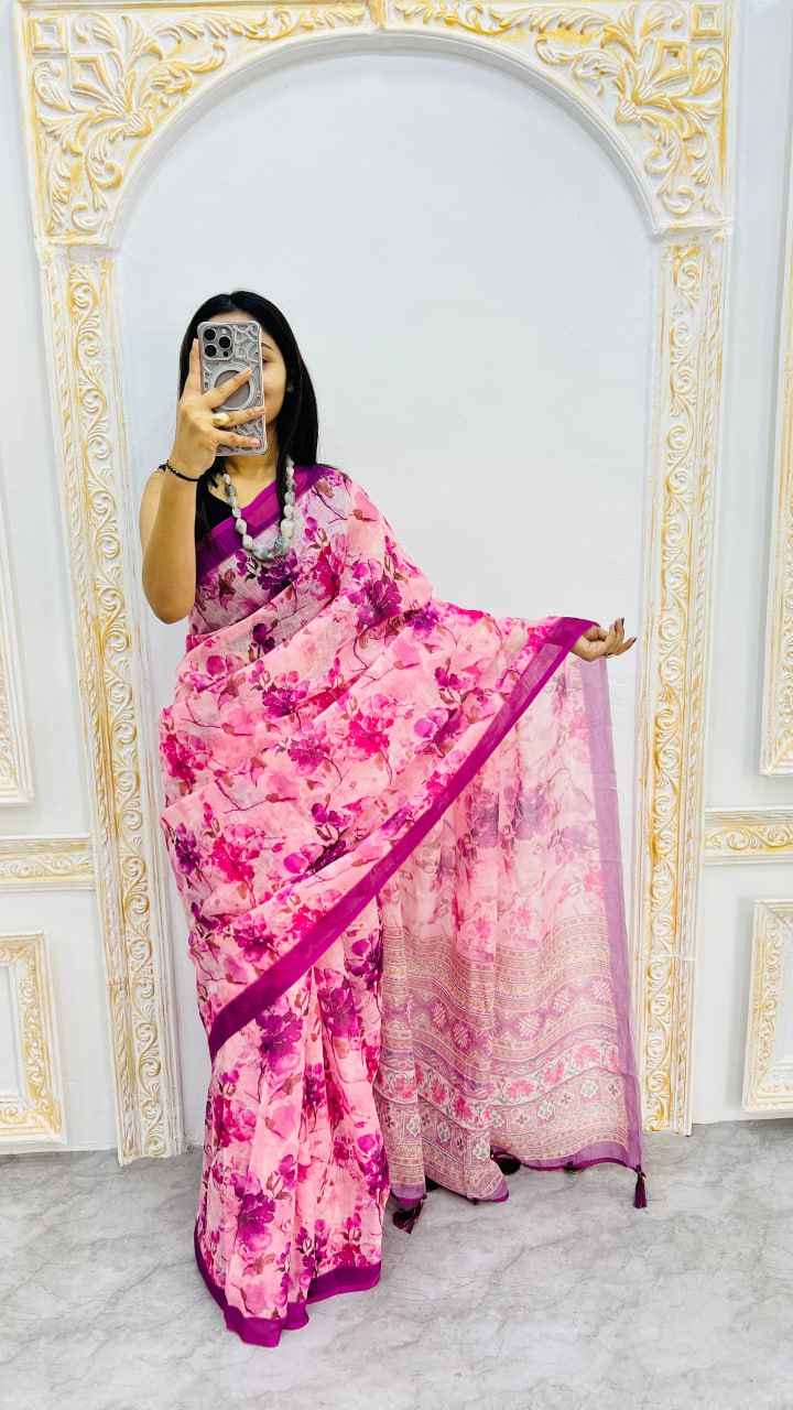 Purple Premium Lilan Cotton Beautiful Floral Lotus Print Saree