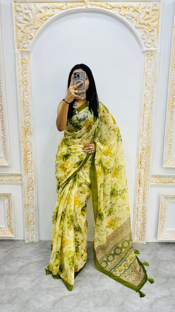 Mehandi Premium Lilan Cotton Beautiful Floral Lotus Print Saree