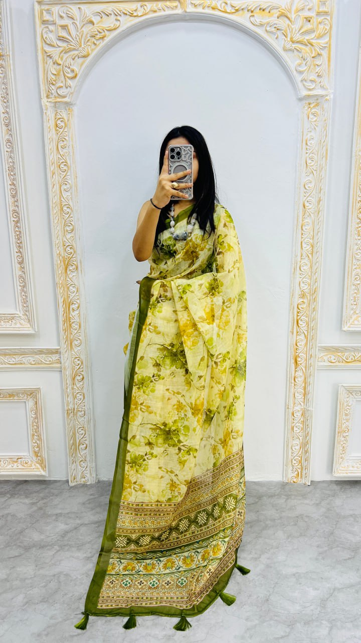 Mehandi Premium Lilan Cotton Beautiful Floral Lotus Print Saree