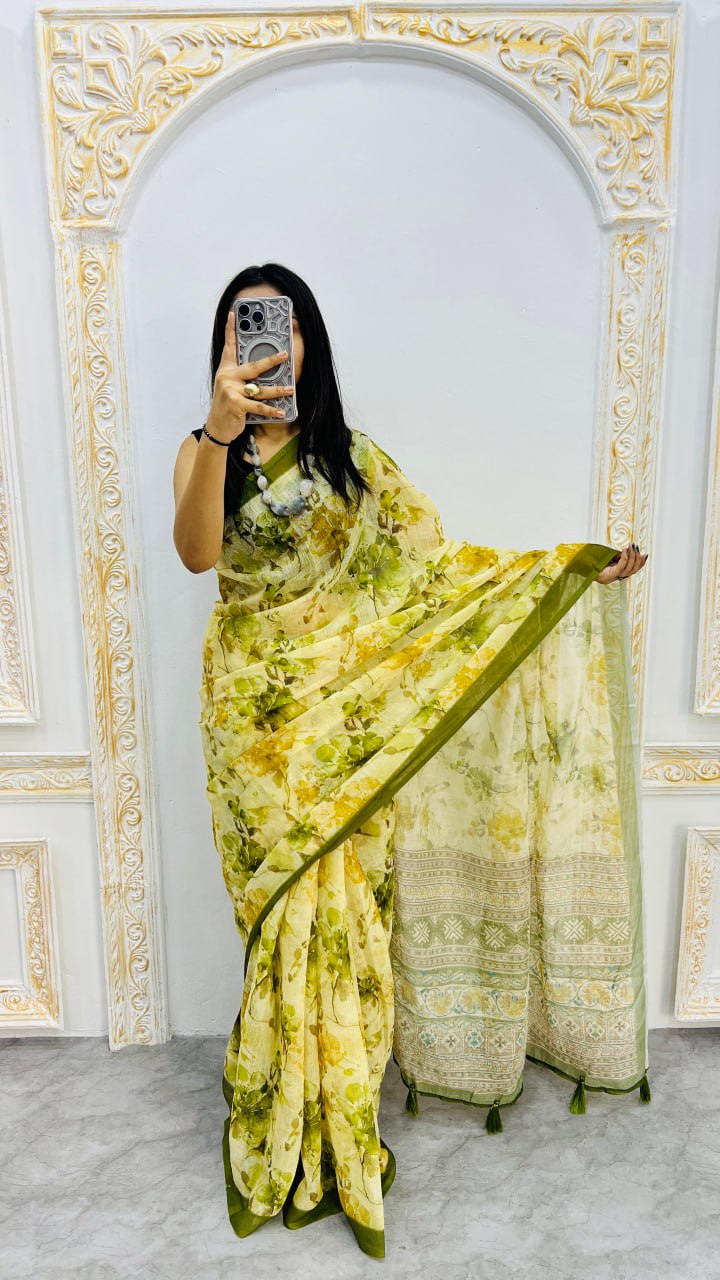 Mehandi Premium Lilan Cotton Beautiful Floral Lotus Print Saree