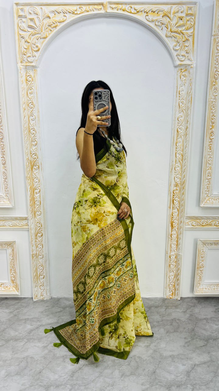 Mehandi Premium Lilan Cotton Beautiful Floral Lotus Print Saree