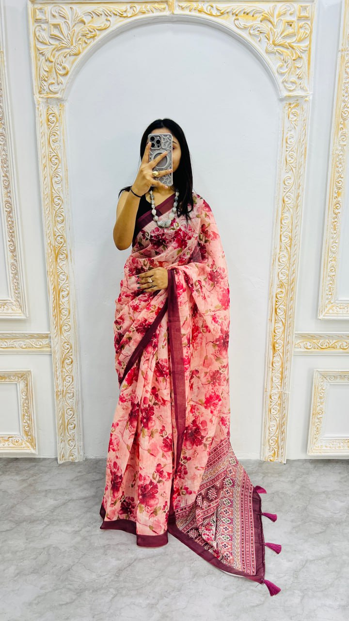 Wine Premium Lilan Cotton Beautiful Floral Lotus Print Saree