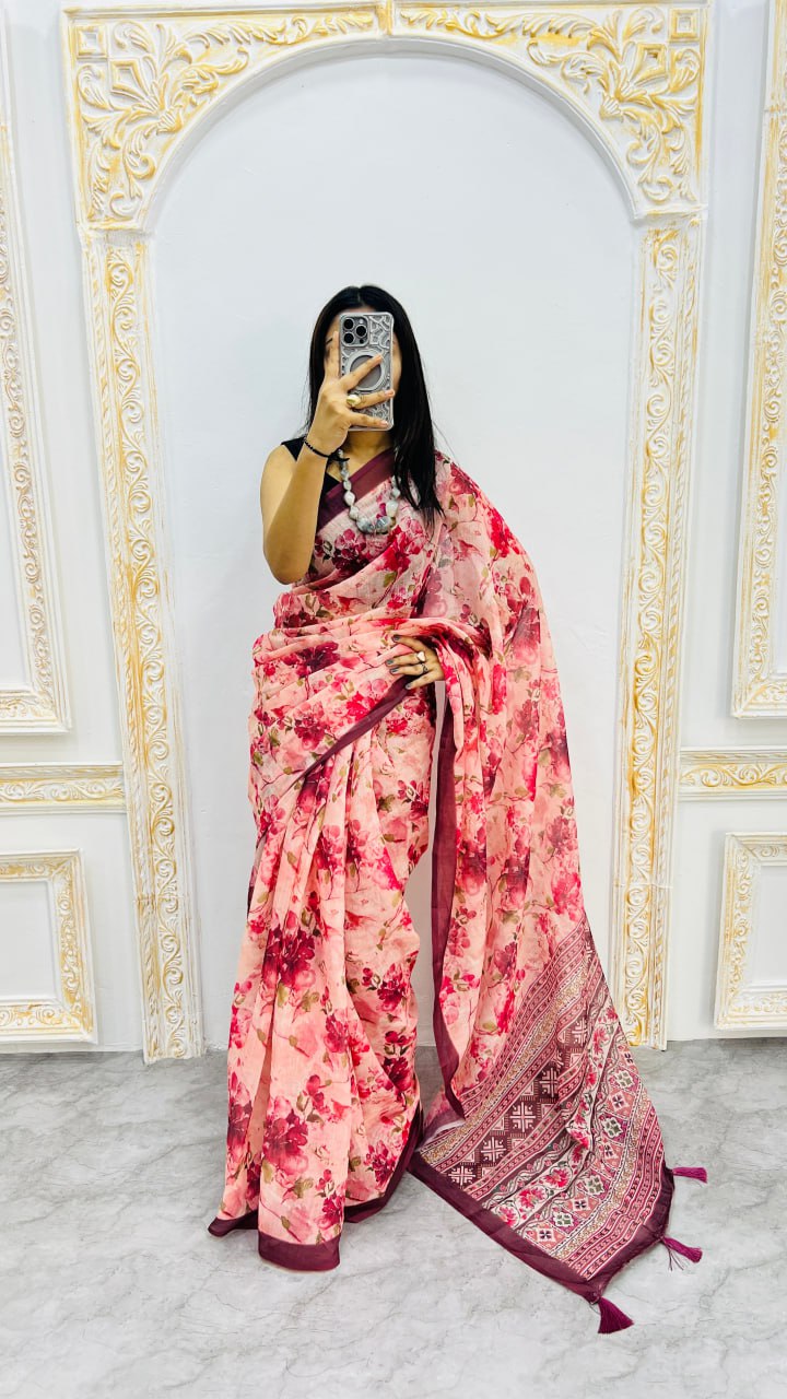 Wine Premium Lilan Cotton Beautiful Floral Lotus Print Saree