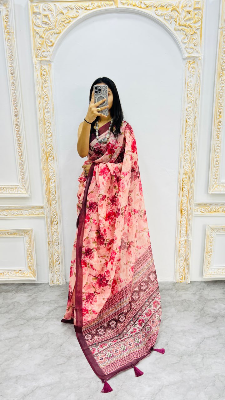 Wine Premium Lilan Cotton Beautiful Floral Lotus Print Saree