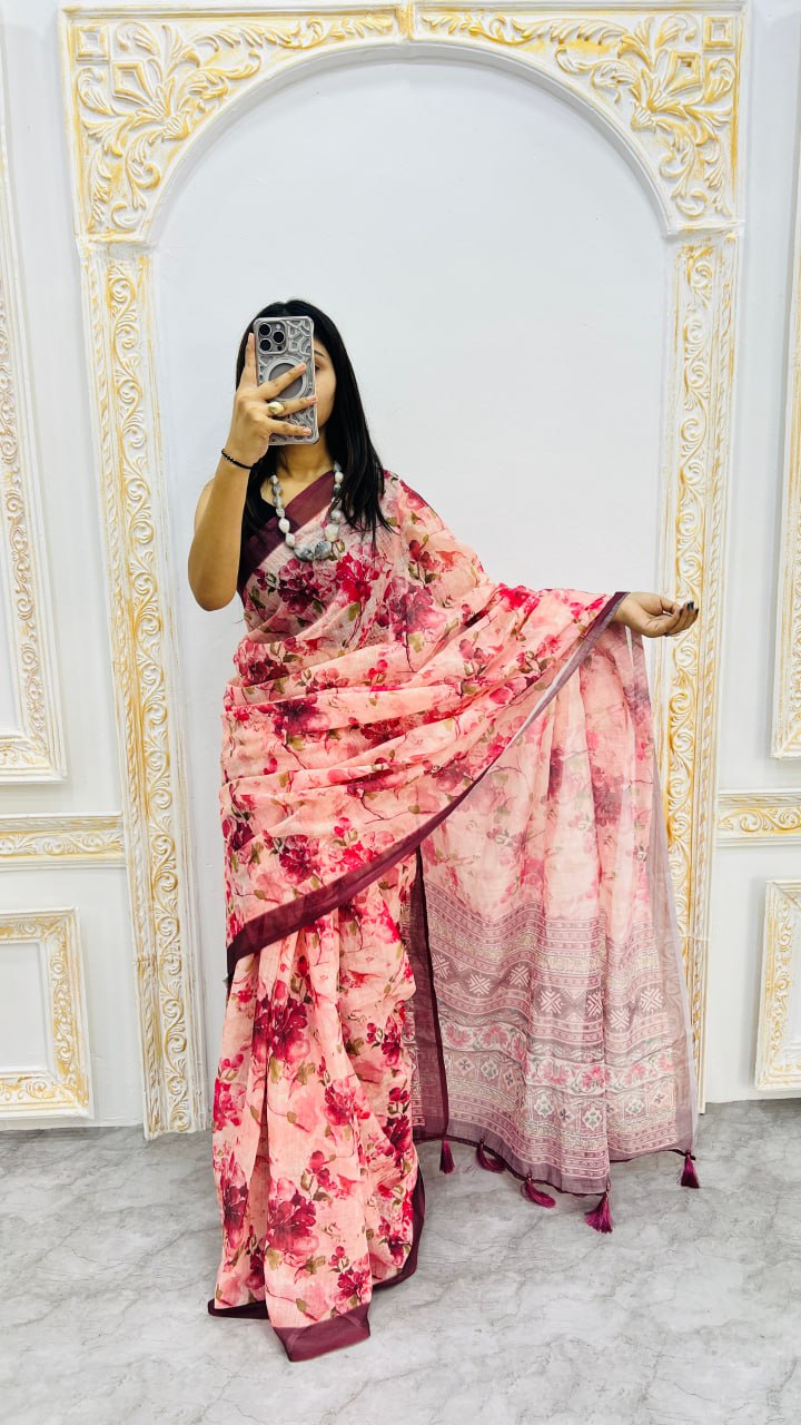 Wine Premium Lilan Cotton Beautiful Floral Lotus Print Saree