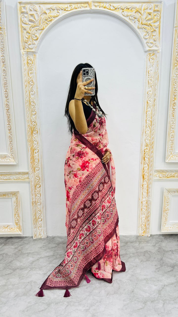 Wine Premium Lilan Cotton Beautiful Floral Lotus Print Saree