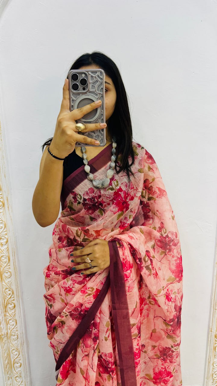 Wine Premium Lilan Cotton Beautiful Floral Lotus Print Saree