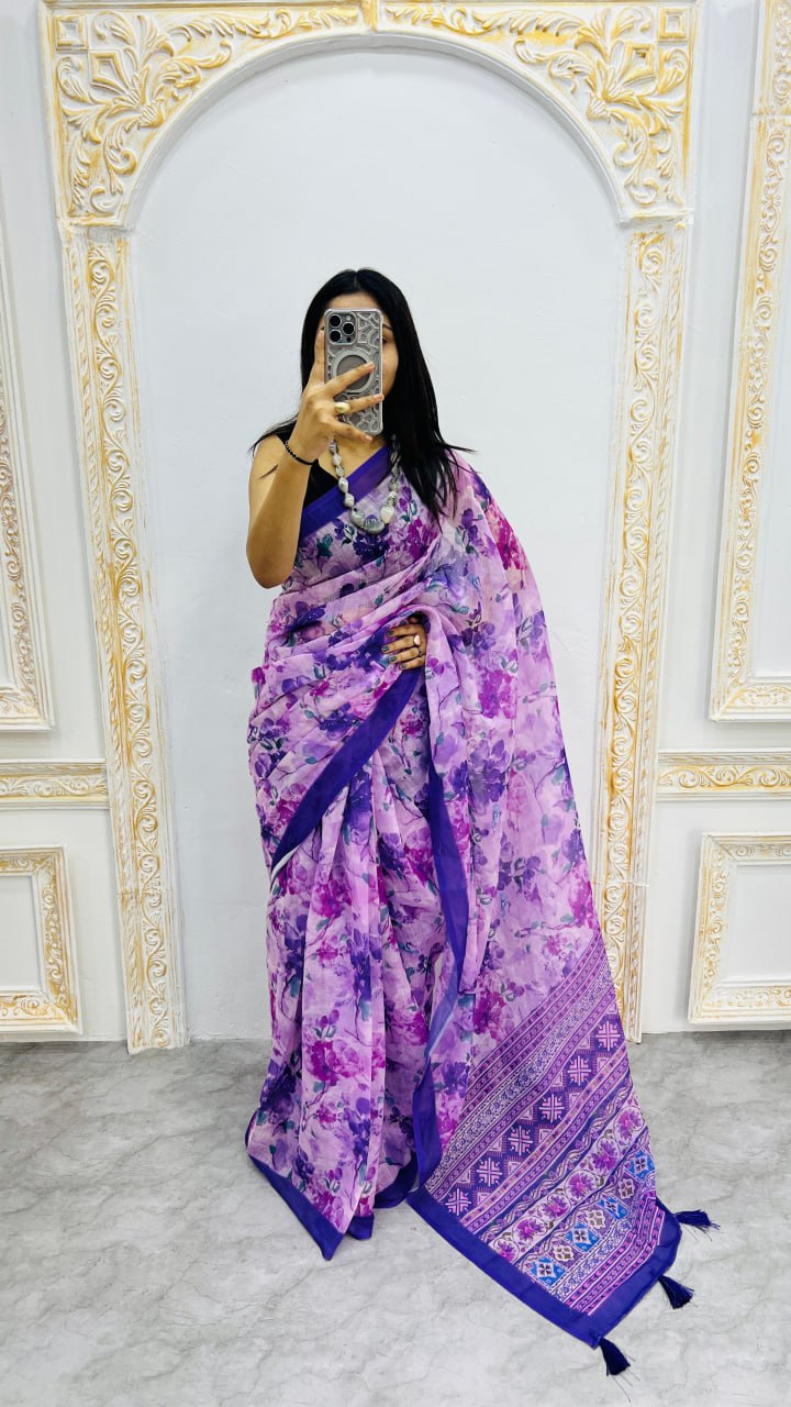 Blue Premium Lilan Cotton Beautiful Floral Lotus Print Saree