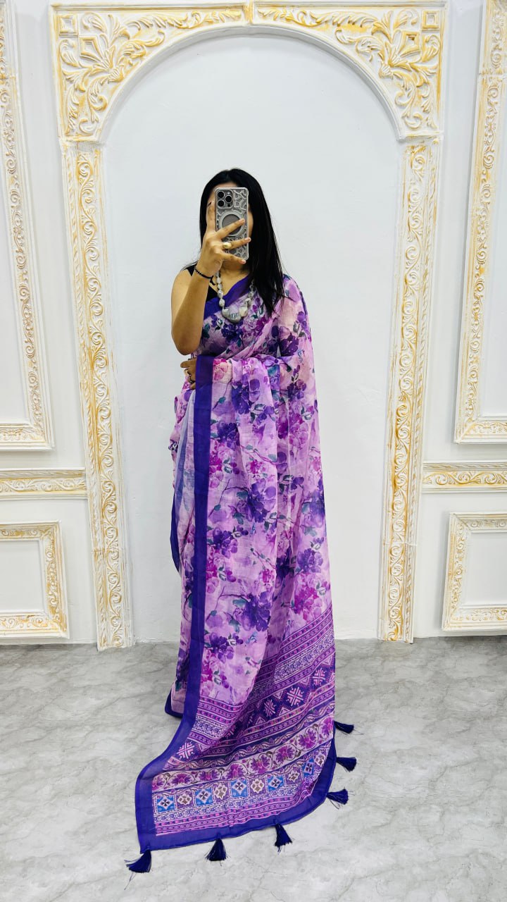Blue Premium Lilan Cotton Beautiful Floral Lotus Print Saree