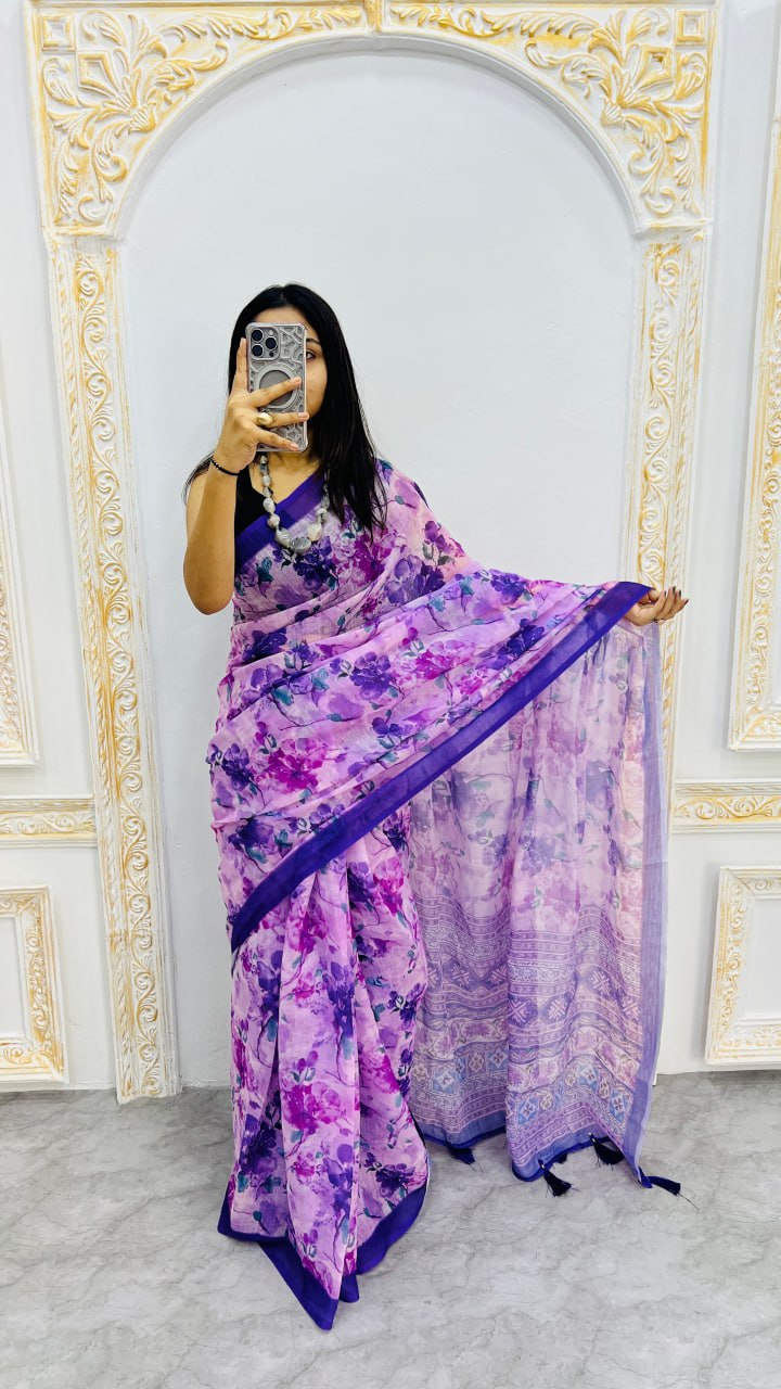 Blue Premium Lilan Cotton Beautiful Floral Lotus Print Saree
