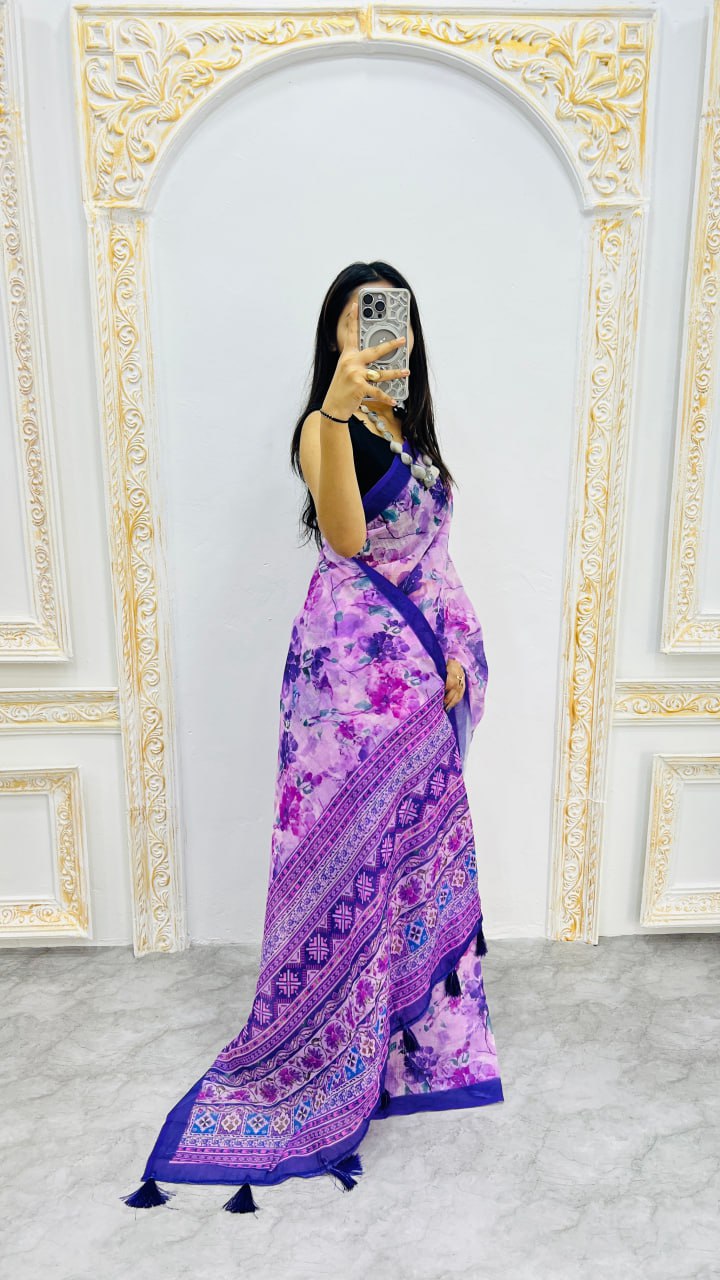 Blue Premium Lilan Cotton Beautiful Floral Lotus Print Saree
