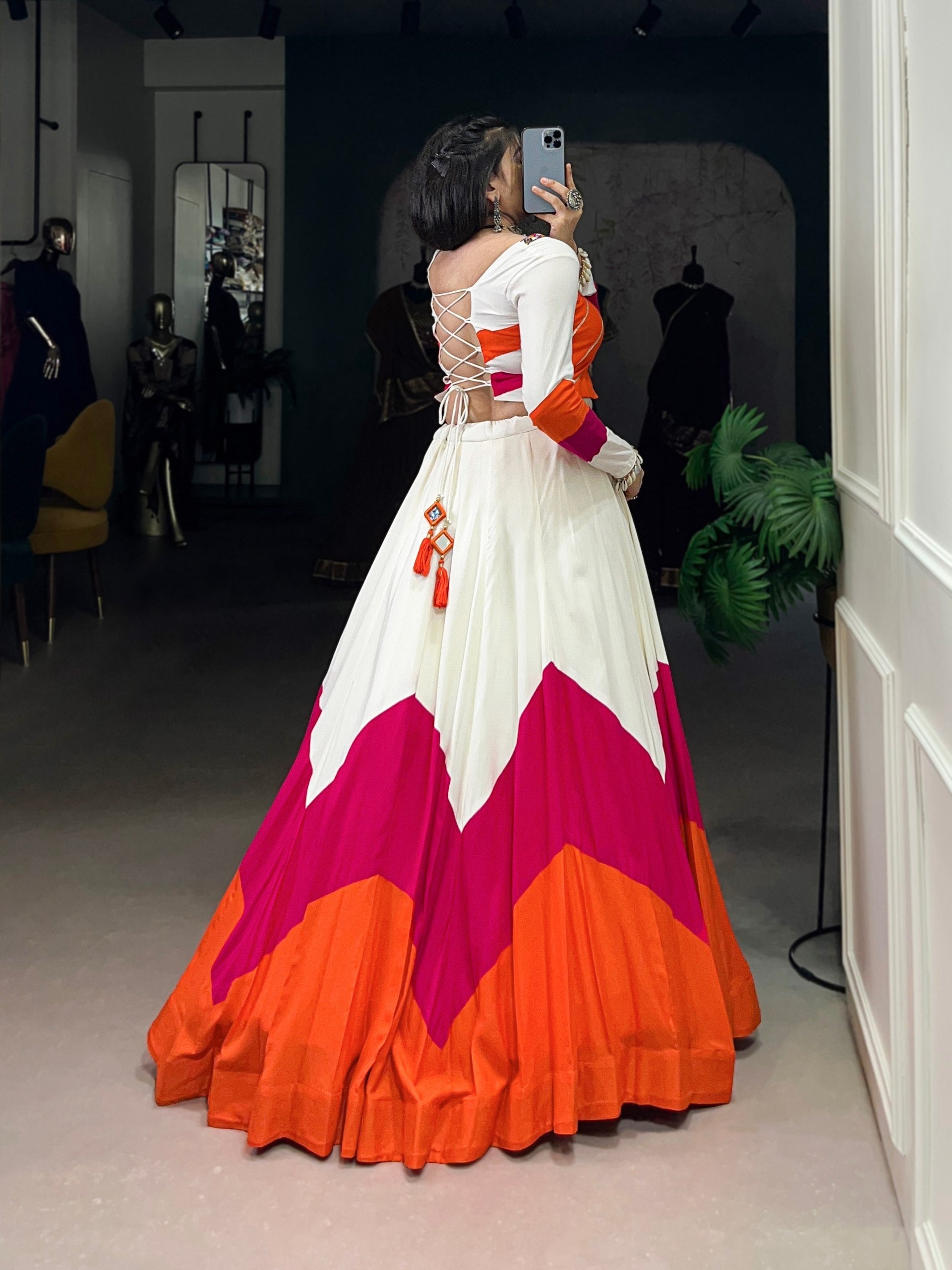 White Pure Rayon Original Mirror Gamthi Work Navaratri Lehenga Choli