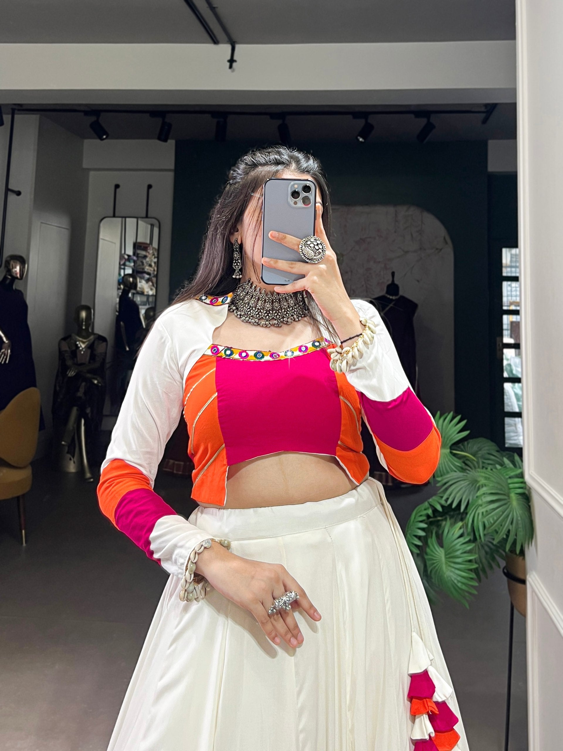 White Pure Rayon Original Mirror Gamthi Work Navaratri Lehenga Choli