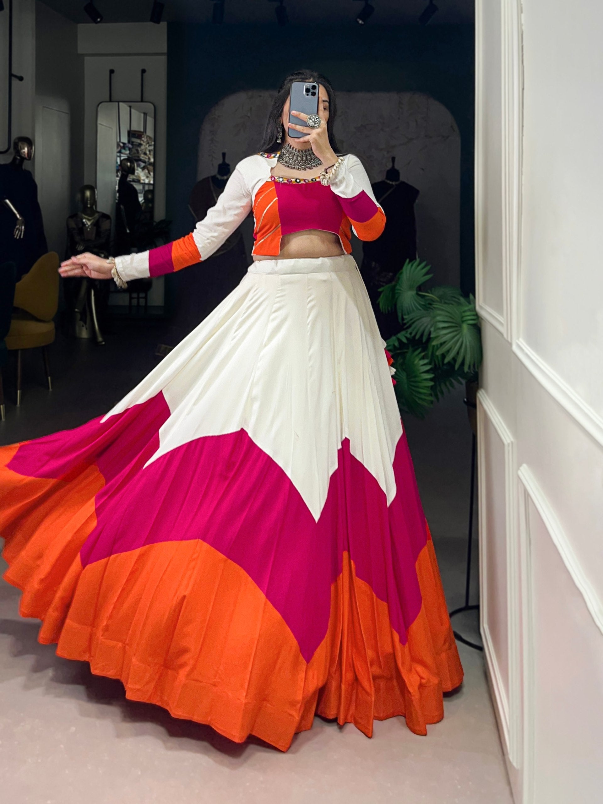 White Pure Rayon Original Mirror Gamthi Work Navaratri Lehenga Choli