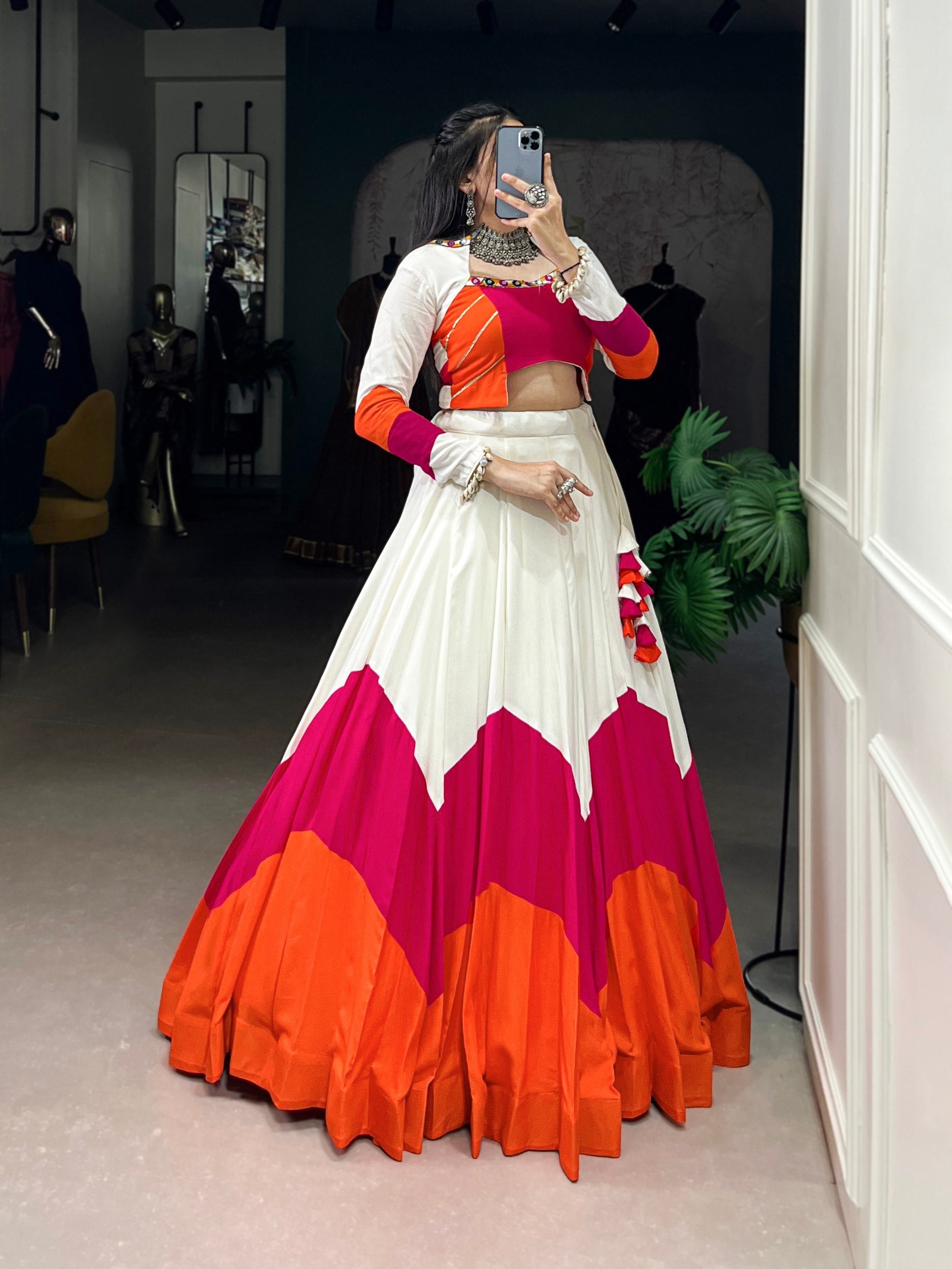 White Pure Rayon Original Mirror Gamthi Work Navaratri Lehenga Choli