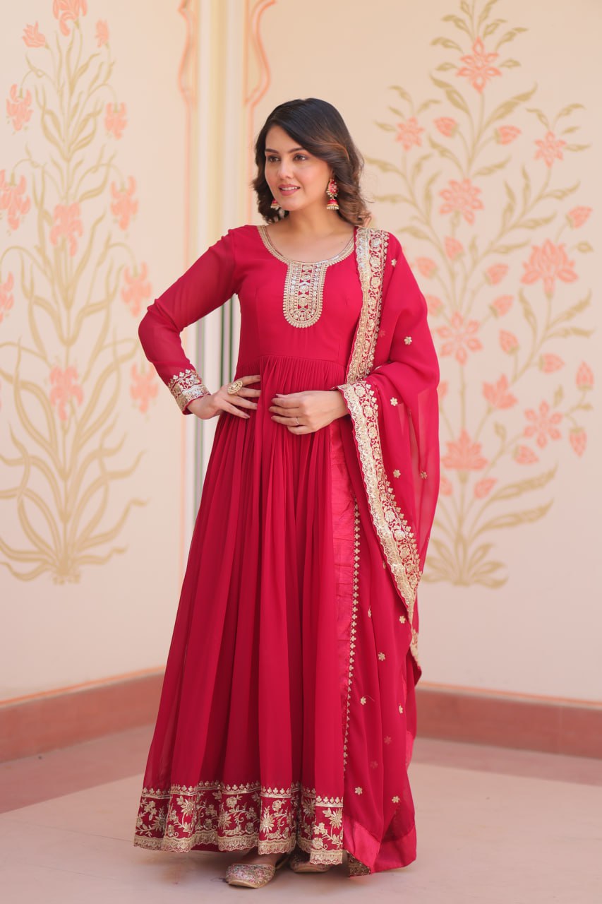 Rani Faux Blooming Georgette With Zari Sequins Embroidered Work Gown