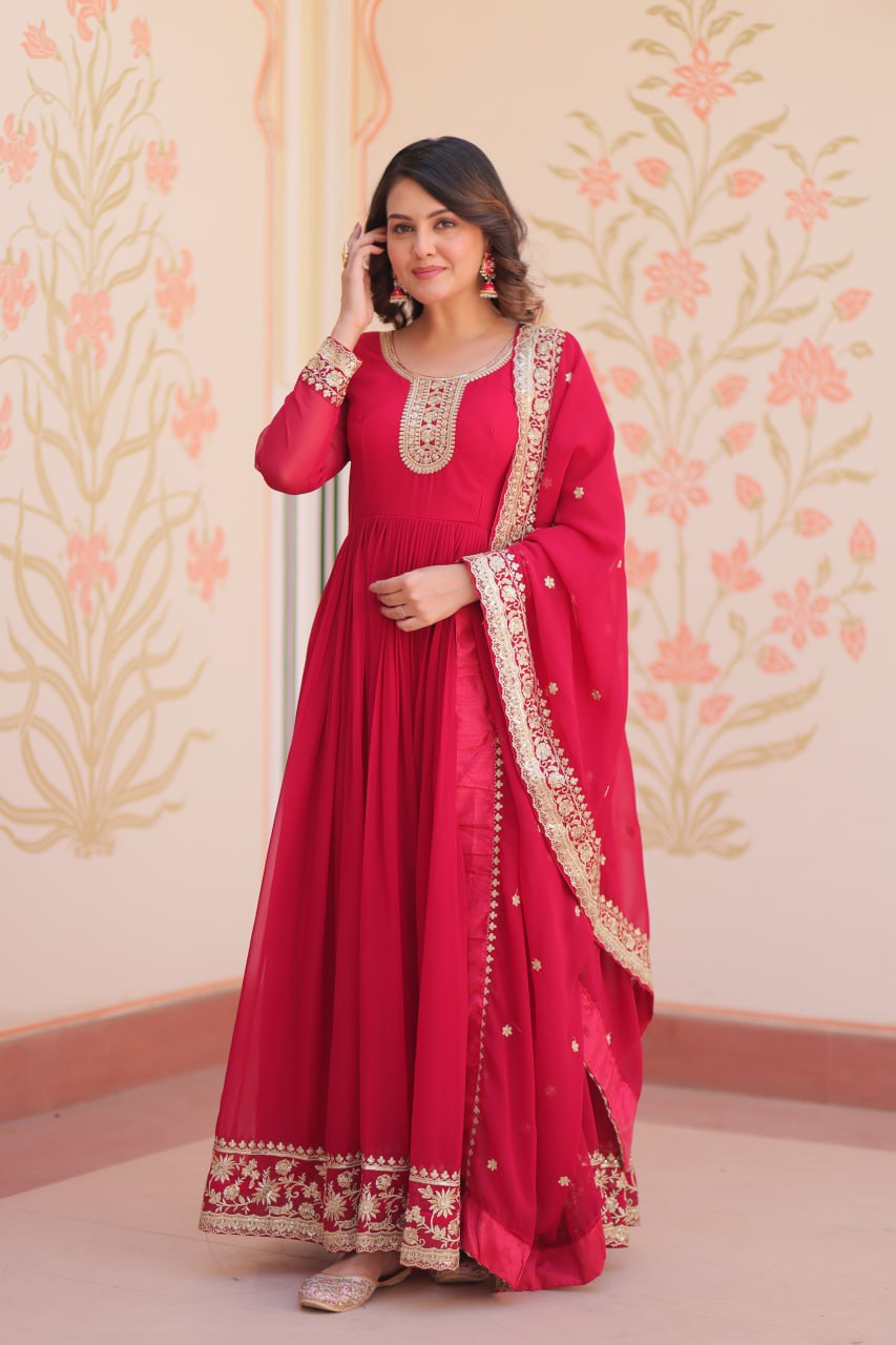 Rani Faux Blooming Georgette With Zari Sequins Embroidered Work Gown