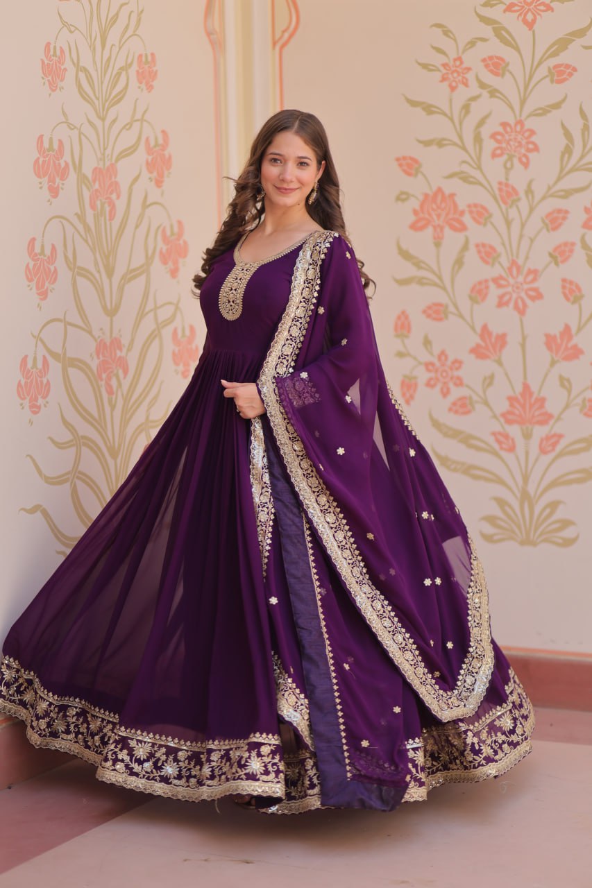 Purple Faux Blooming Georgette With Zari Sequins Embroidered Work Gown