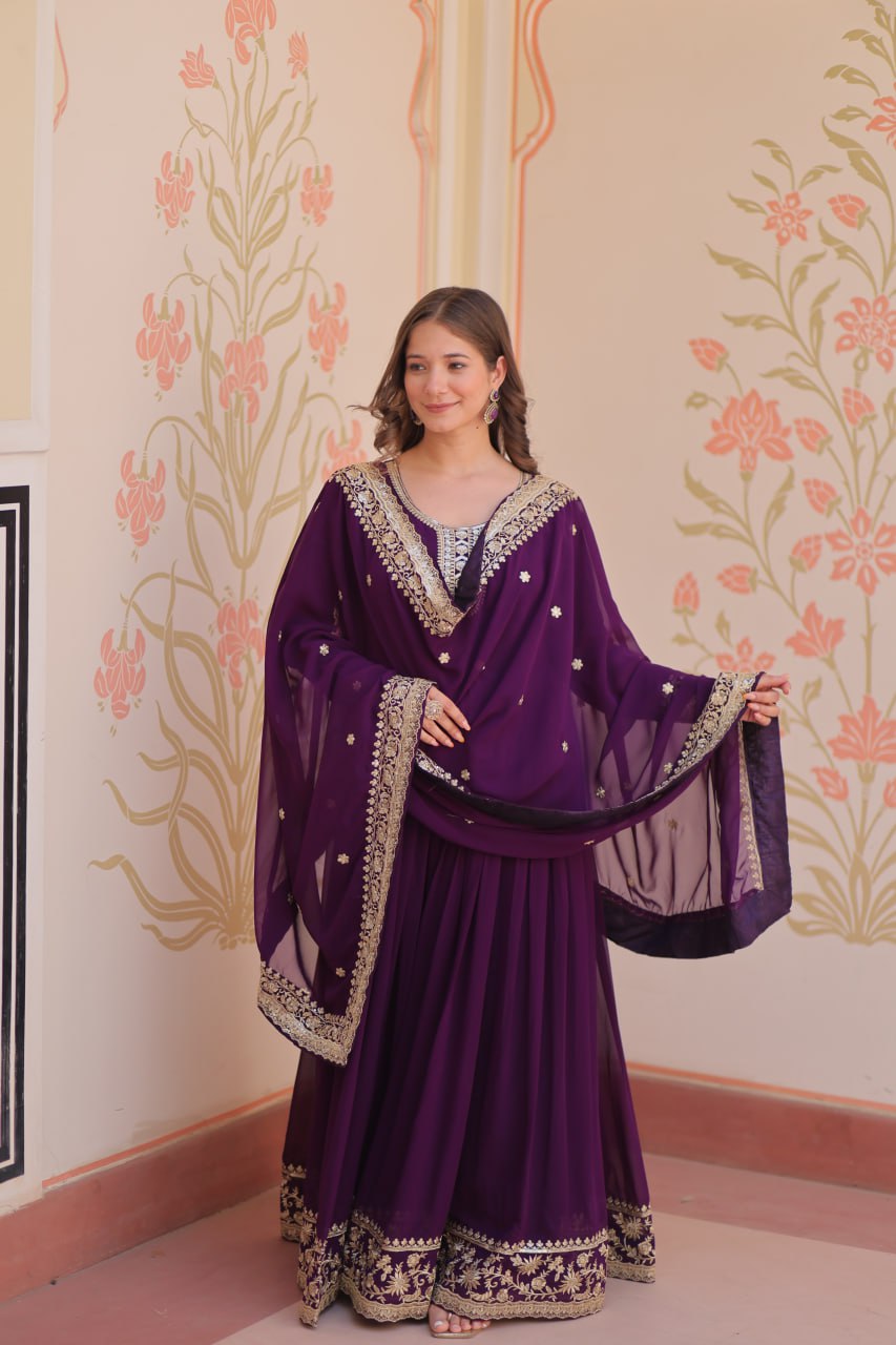 Purple Faux Blooming Georgette With Zari Sequins Embroidered Work Gown