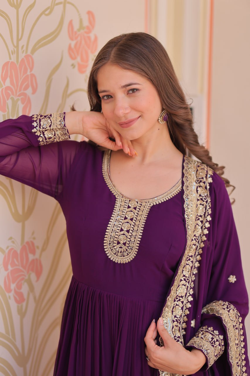 Purple Faux Blooming Georgette With Zari Sequins Embroidered Work Gown