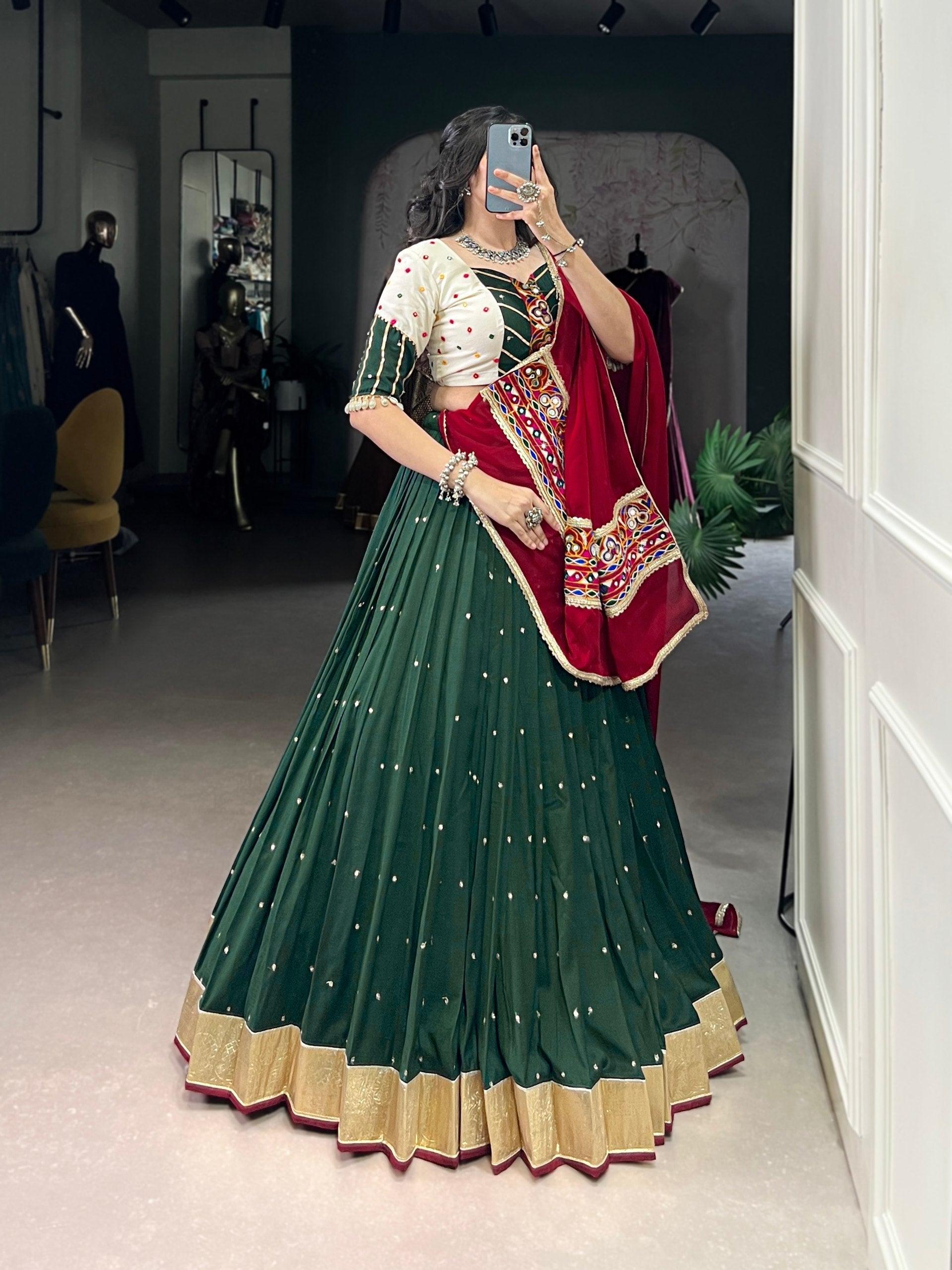 Green Chiffon Sequins And Thread Embroidery Work Navaratri Lehenga Choli