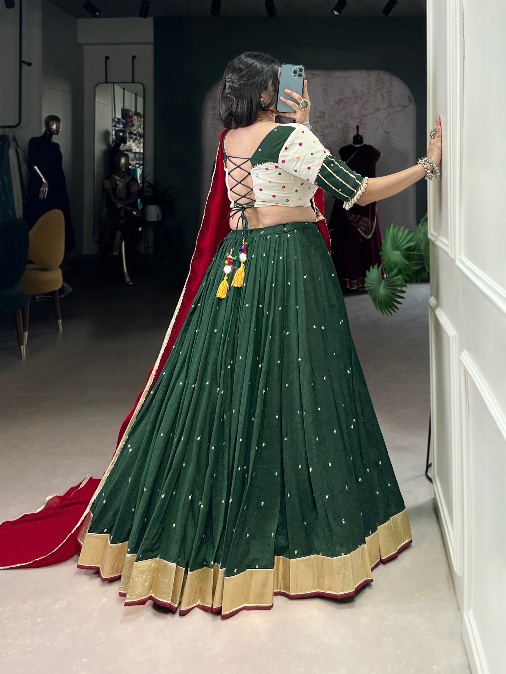 Green Chiffon Sequins And Thread Embroidery Work Navaratri Lehenga Choli