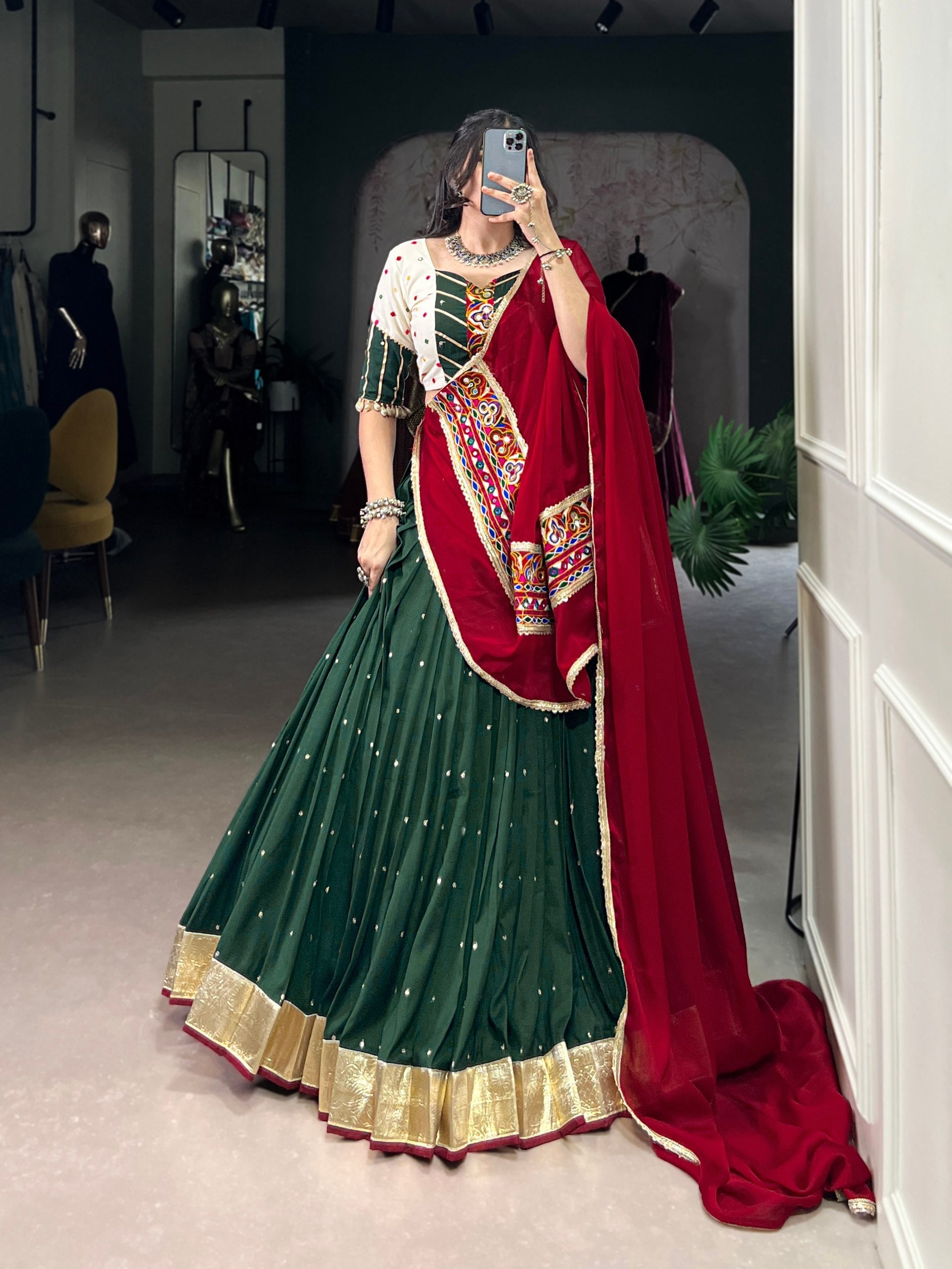 Green Chiffon Sequins And Thread Embroidery Work Navaratri Lehenga Choli