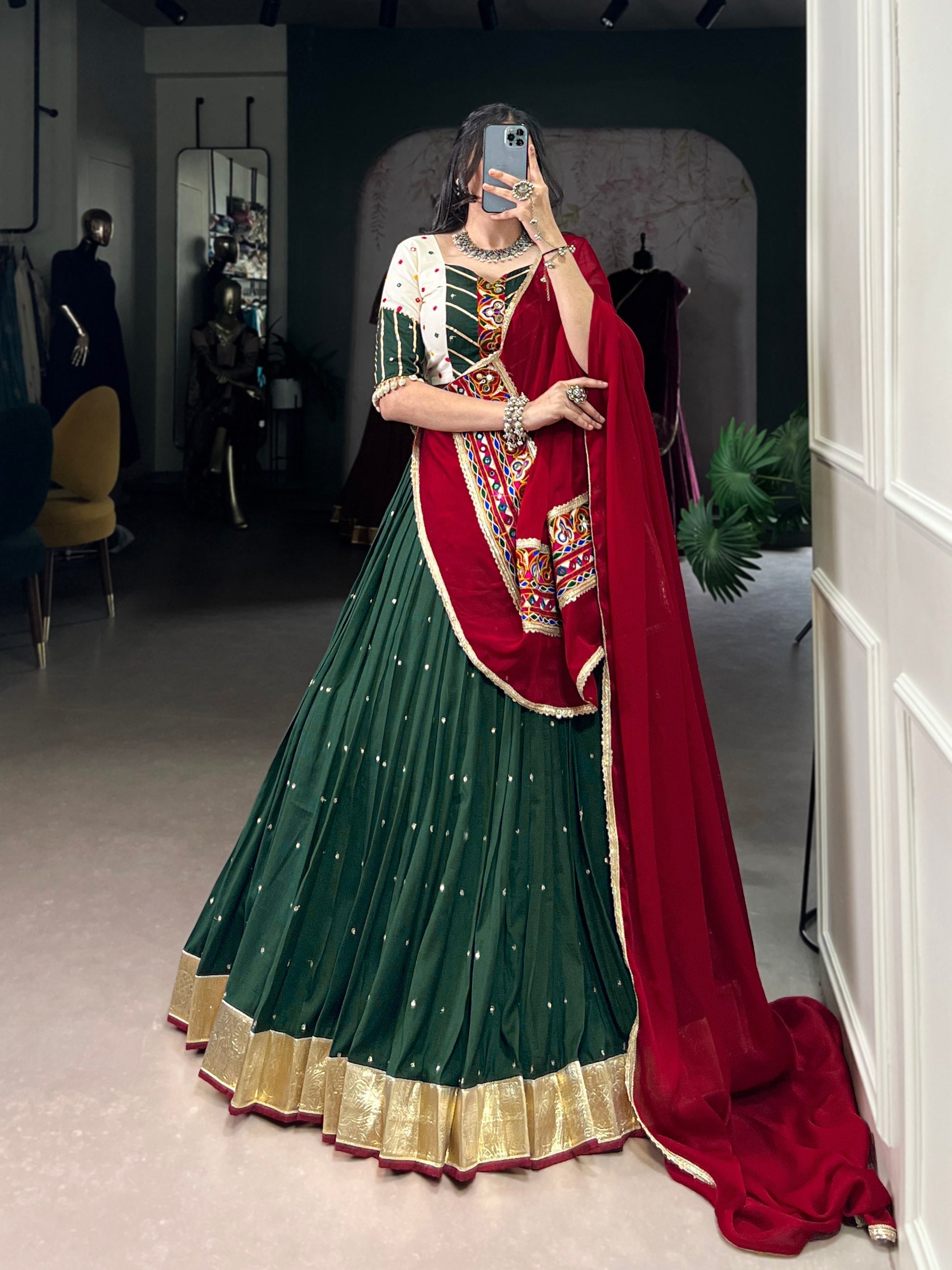 Green Chiffon Sequins And Thread Embroidery Work Navaratri Lehenga Choli
