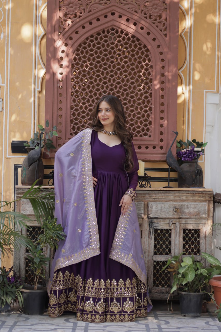 Purple Embroidery Zari Sequins Fancy Neck Work Gown