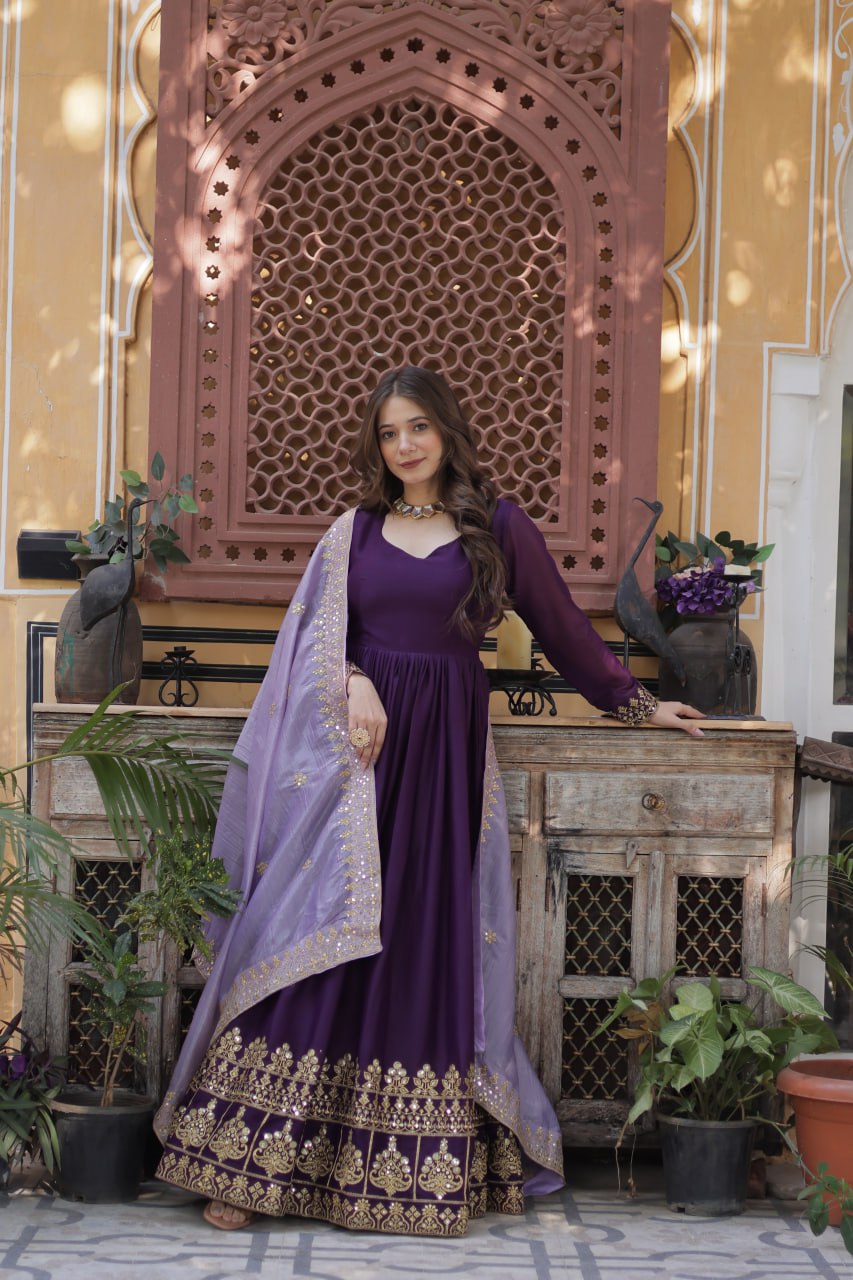 Purple Embroidery Zari Sequins Fancy Neck Work Gown