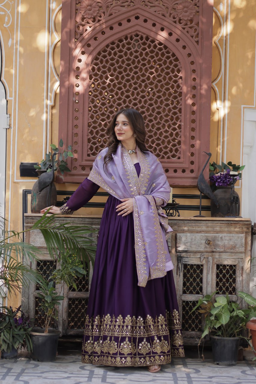 Purple Embroidery Zari Sequins Fancy Neck Work Gown