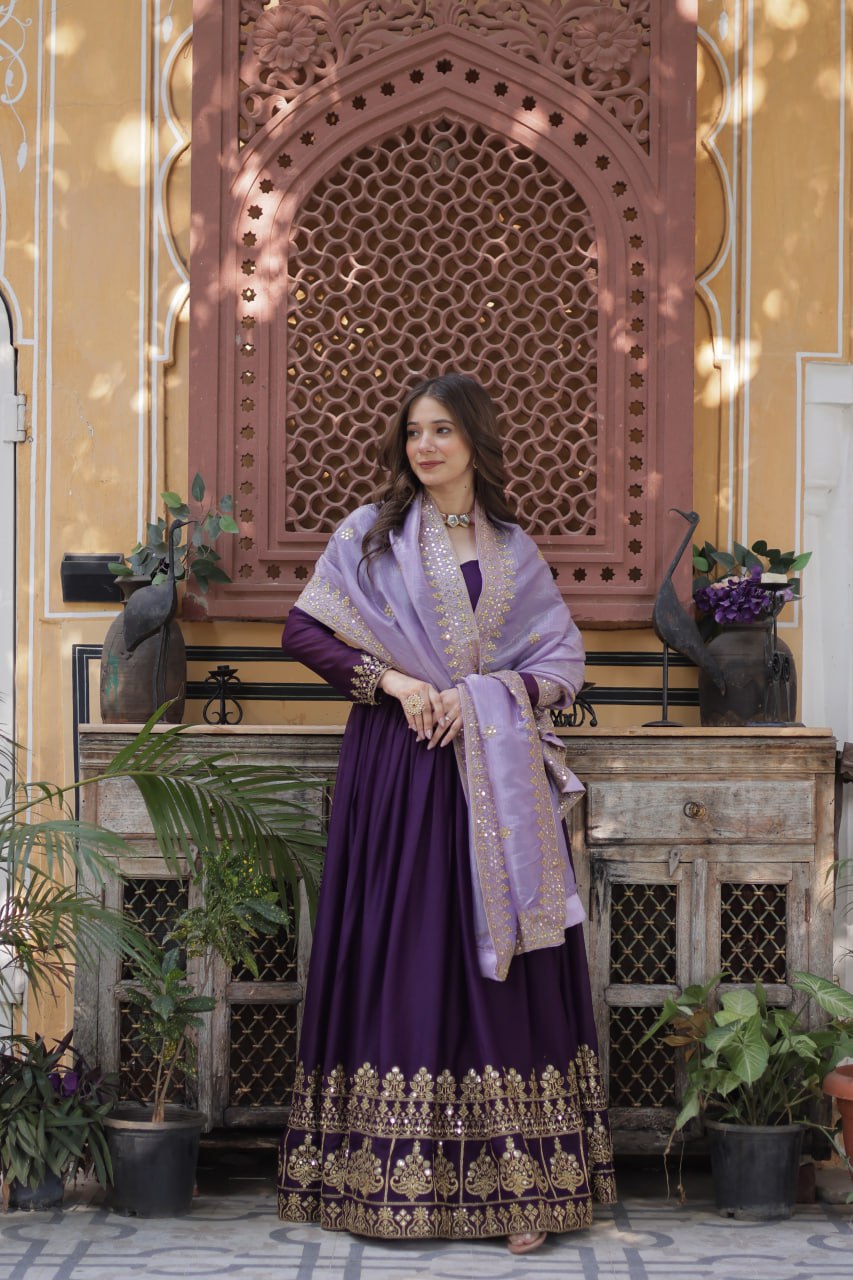 Purple Embroidery Zari Sequins Fancy Neck Work Gown