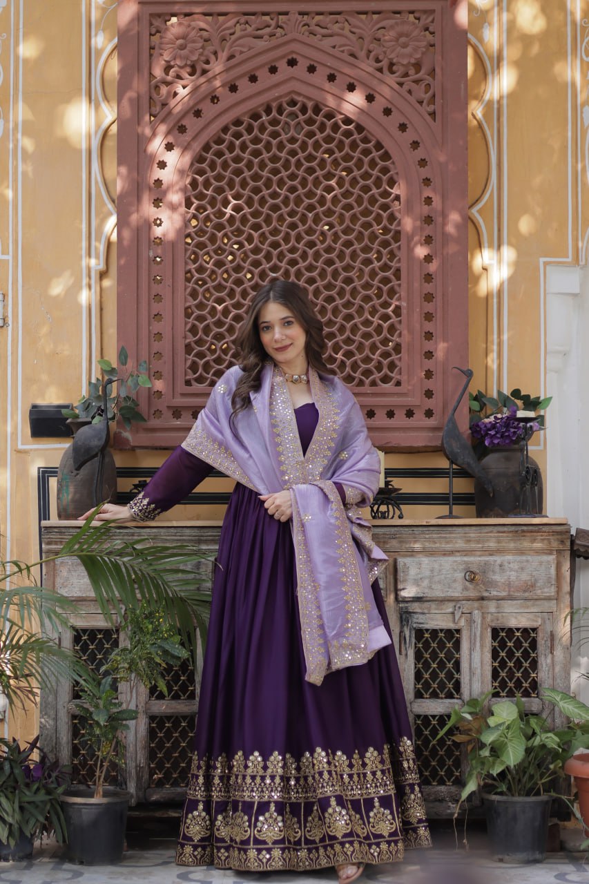 Purple Embroidery Zari Sequins Fancy Neck Work Gown